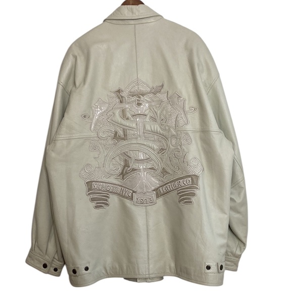 Schott NYC Other - Schott NYC Leather Jacket Mens XXL Cream Gray Embroidered Crest 90s Y2K Hip Hop